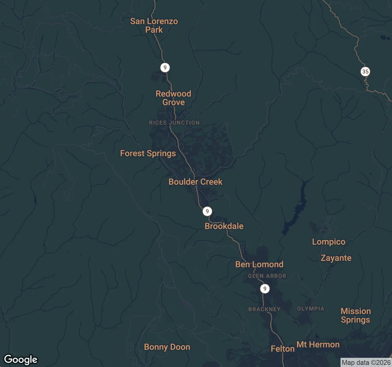 Map of Boulder Creek, Santa Cruz County