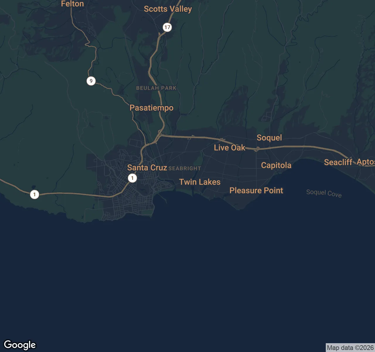 Map of Eastside Santa Cruz, Santa Cruz County