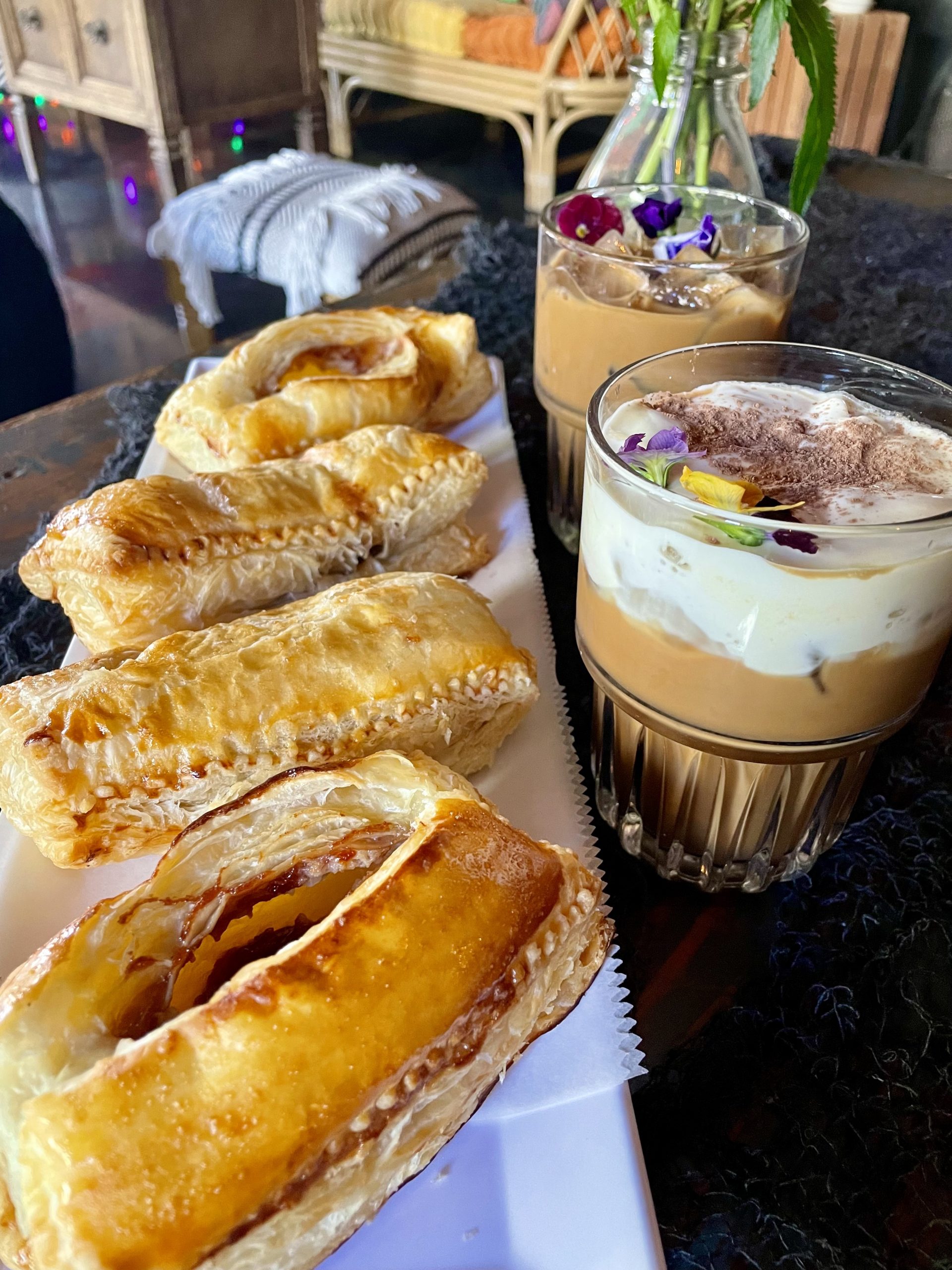 Vietnamese coffee and vegetarian pastry at Mariposa Coffee Bar in Santa Cruz