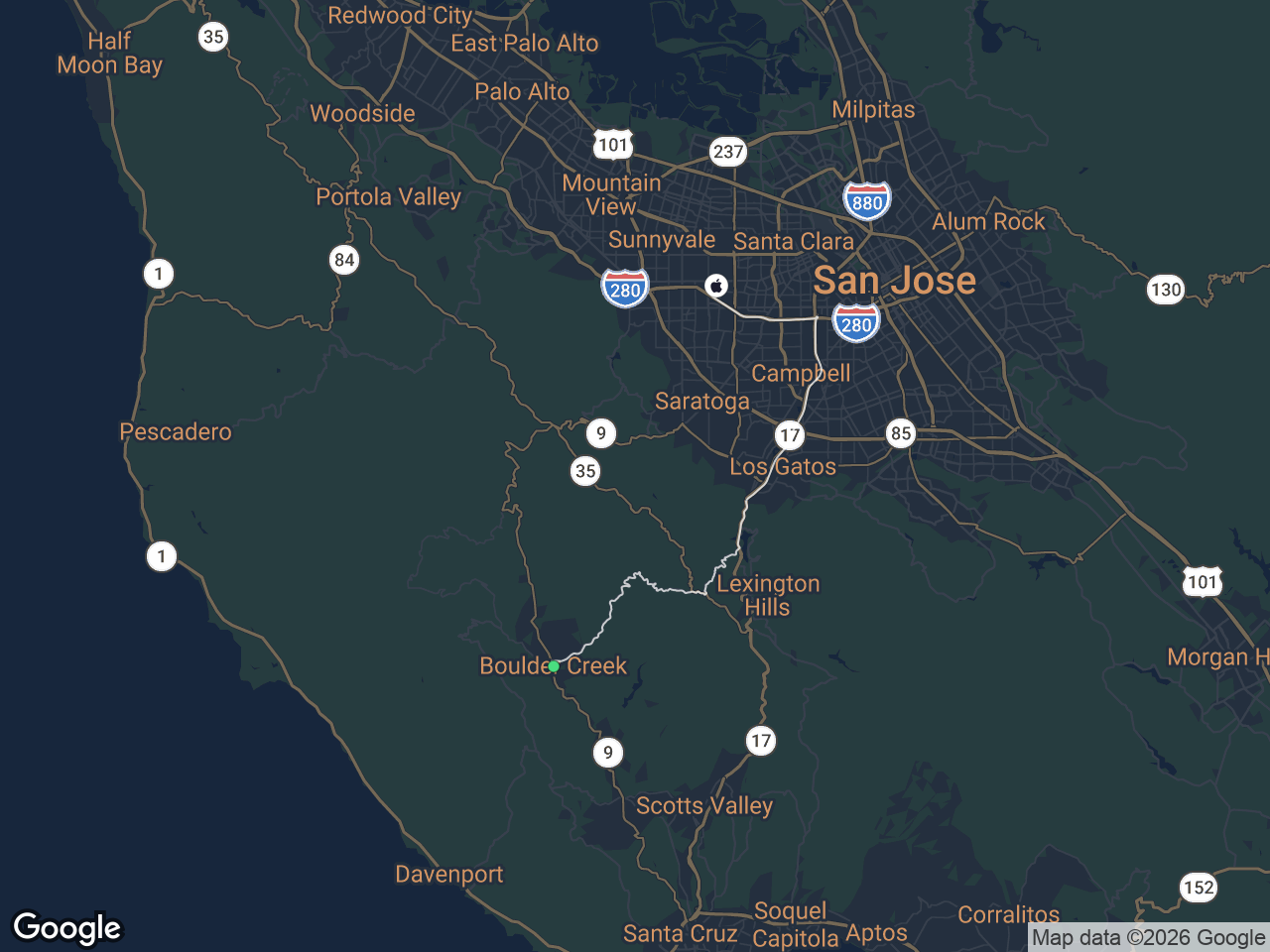 Area map showing Boulder Creek and Apple