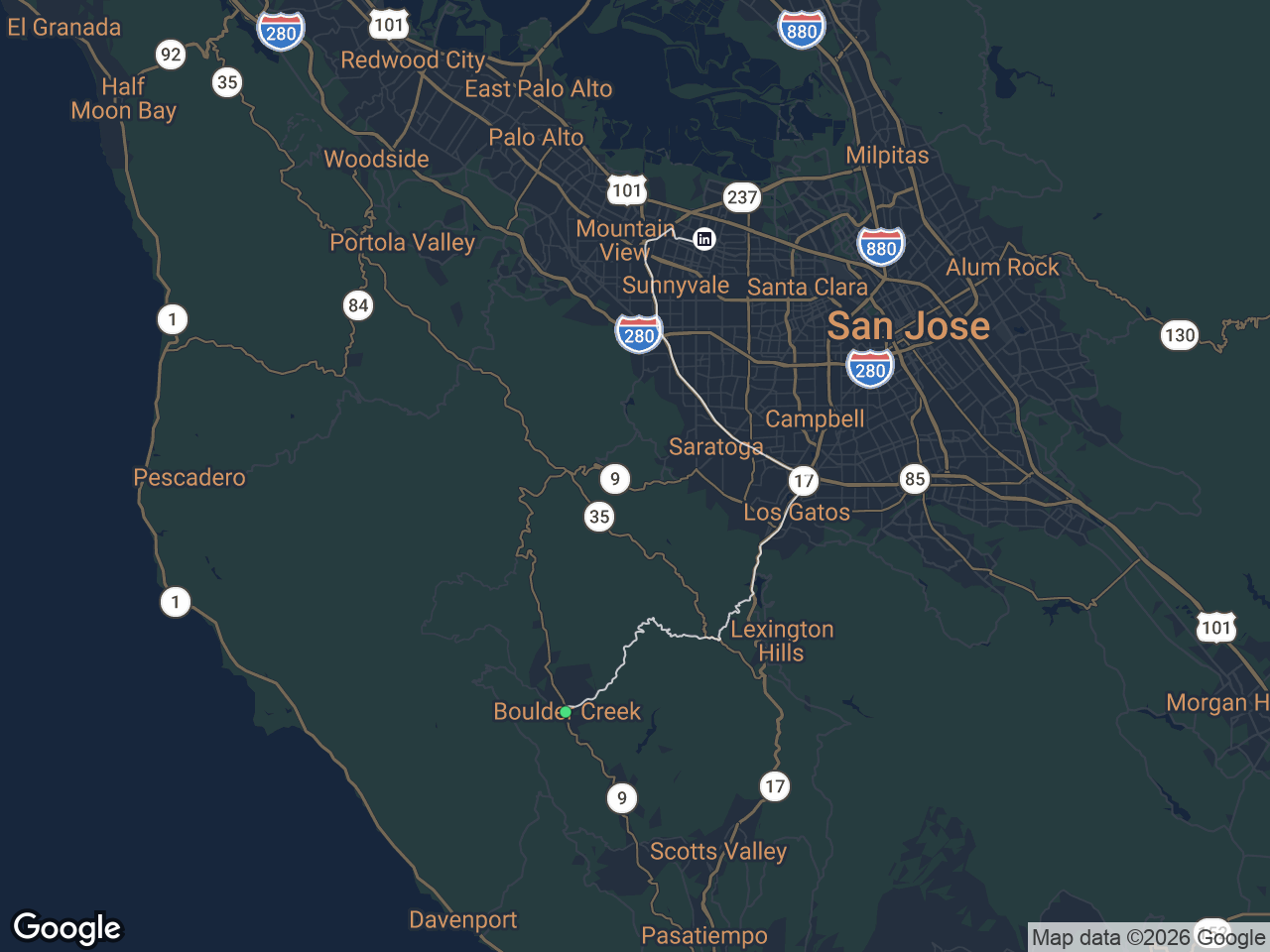 Area map showing Boulder Creek and LinkedIn