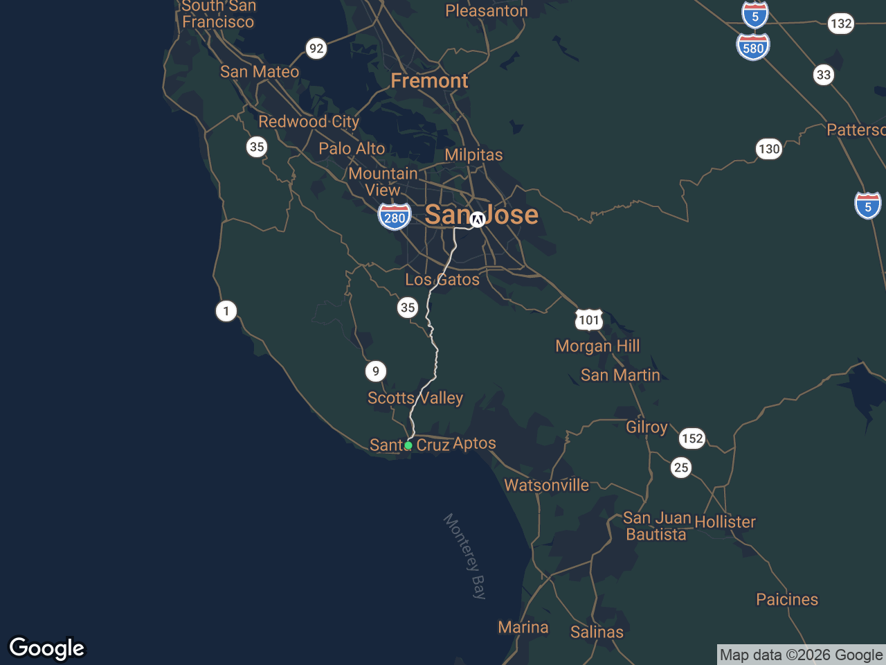 Area map showing Downtown Santa Cruz and Adobe