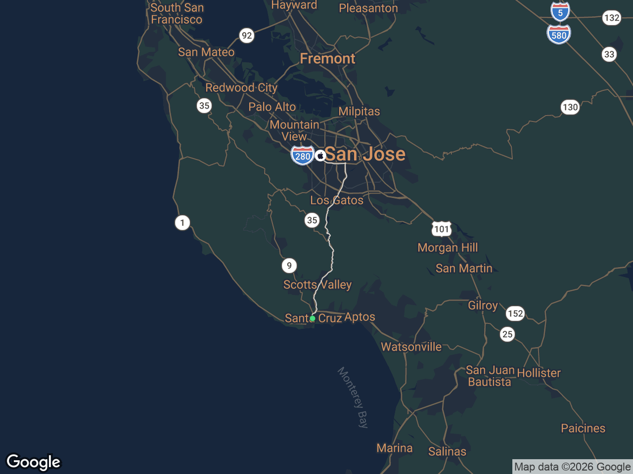 Area map showing Downtown Santa Cruz and Apple