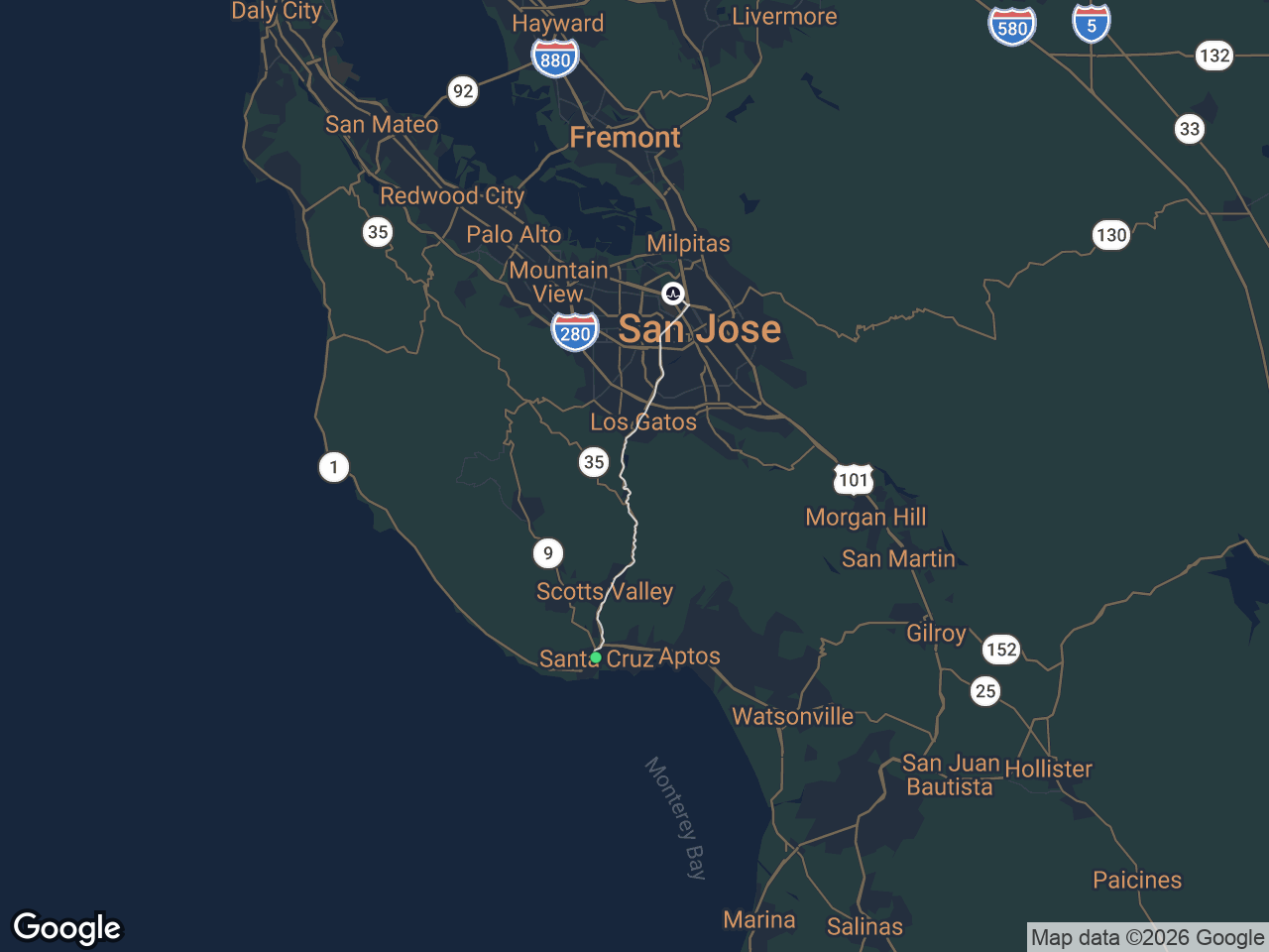 Area map showing Downtown Santa Cruz and Broadcom