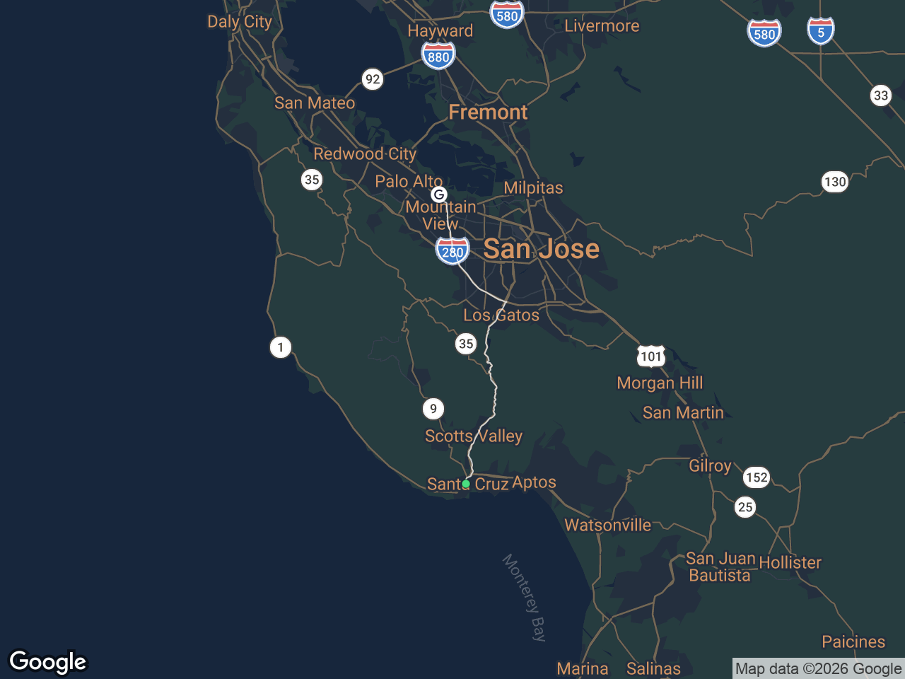 Area map showing Downtown Santa Cruz and Google