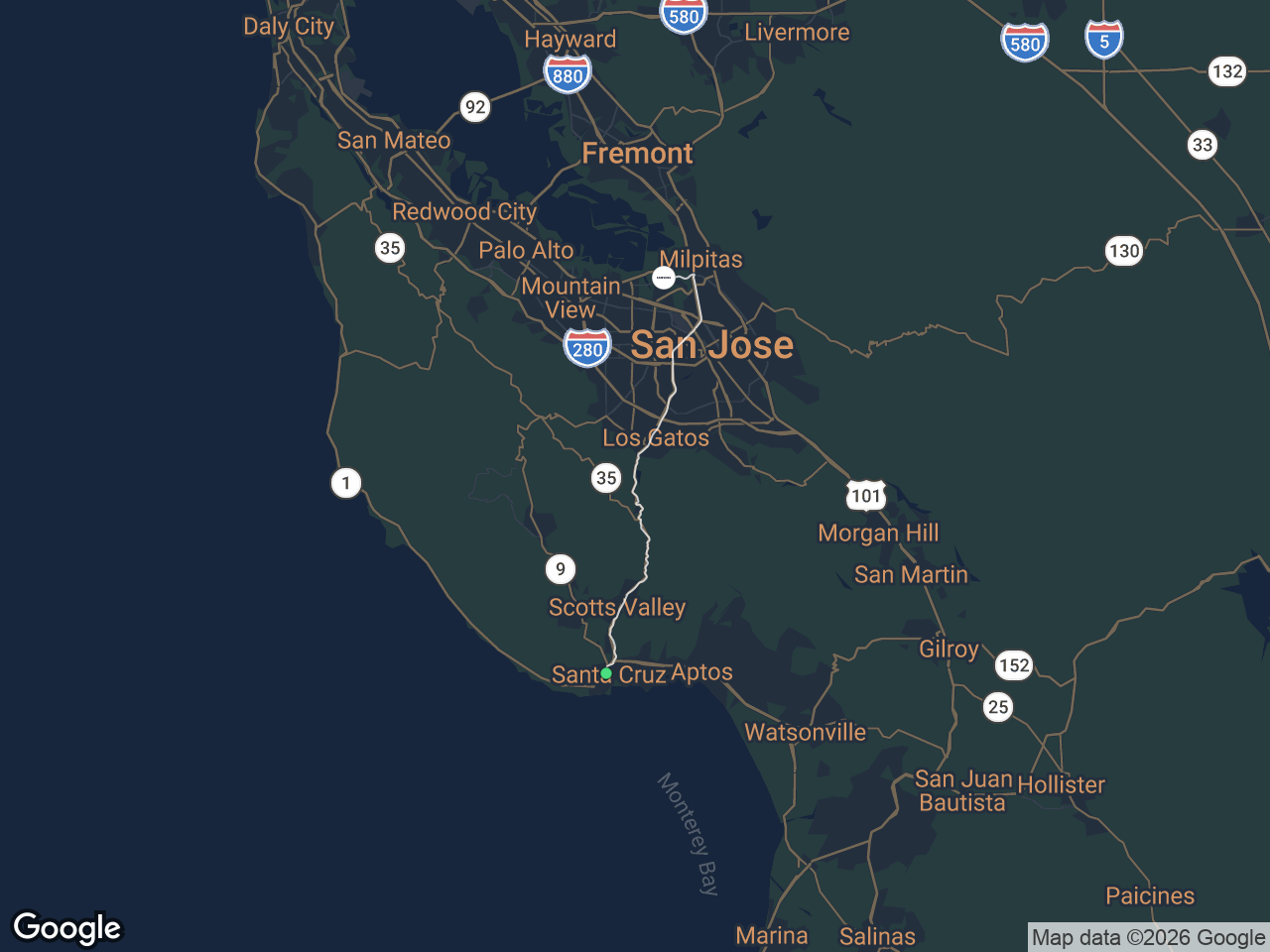 Area map showing Downtown Santa Cruz and Samsung