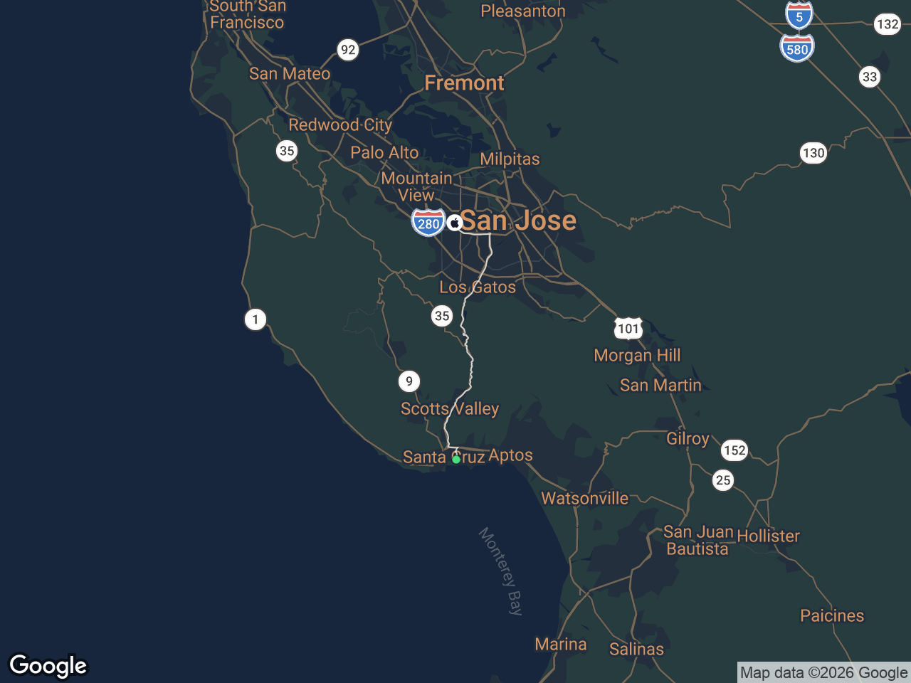 Area map showing Eastside Santa Cruz and Apple