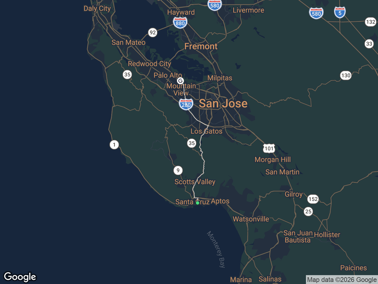 Area map showing Eastside Santa Cruz and Google