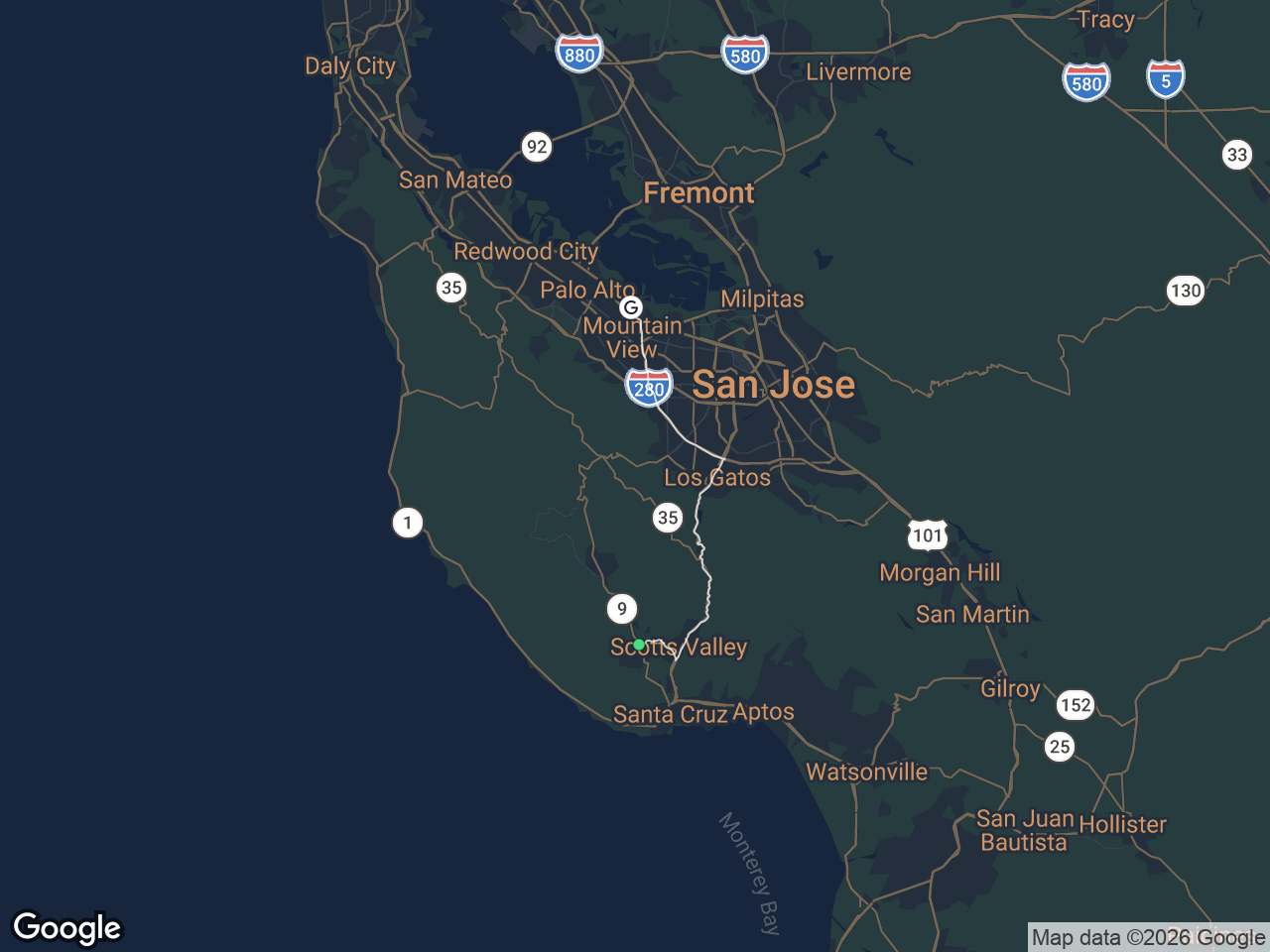 Area map showing Felton and Google