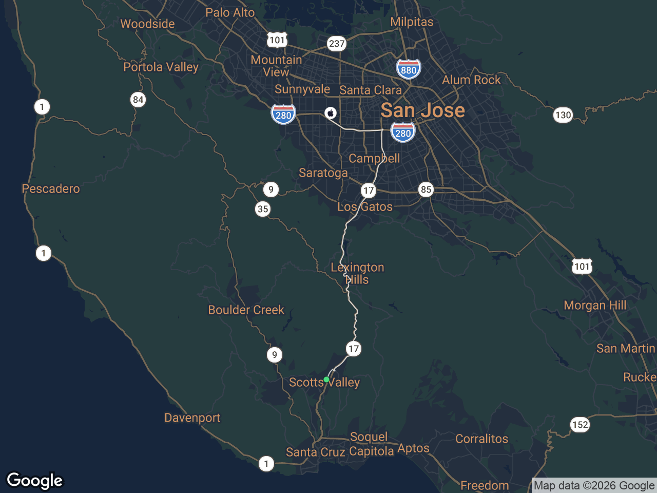Area map showing Scotts Valley and Apple