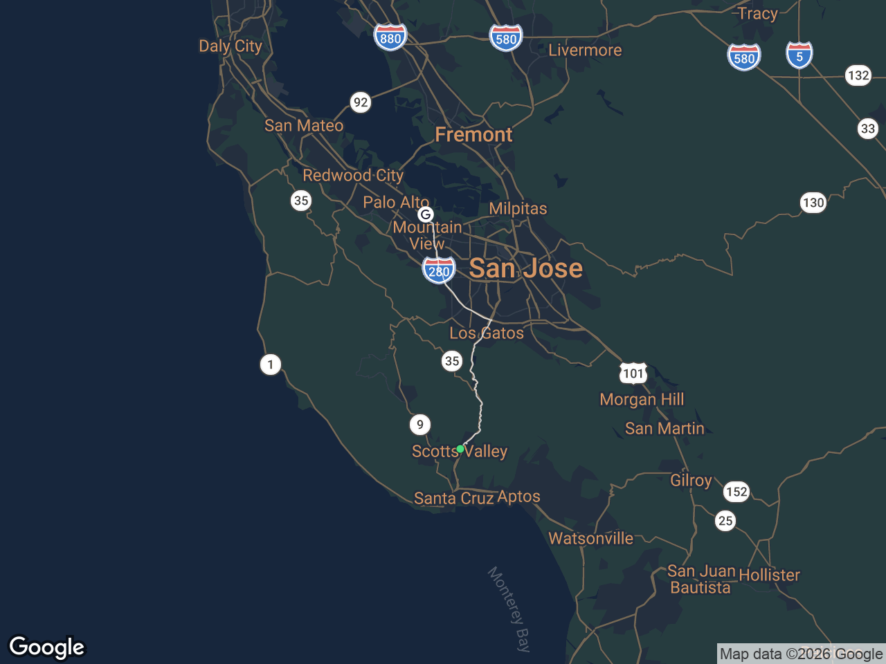 Area map showing Scotts Valley and Google