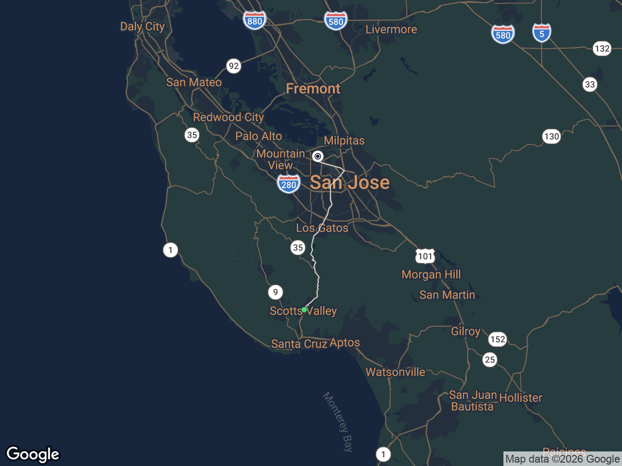 Area map showing Scotts Valley and ServiceNow