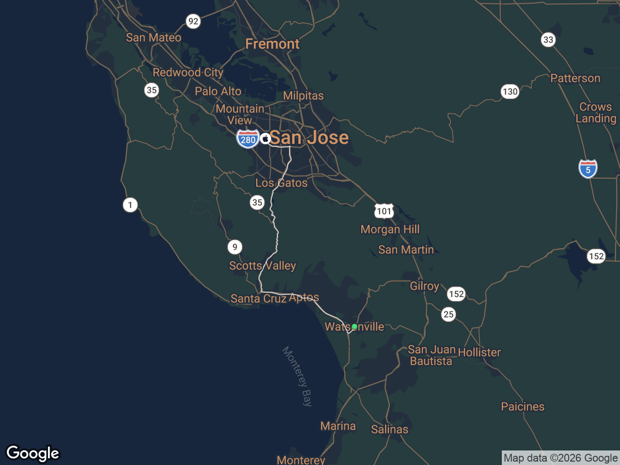 Area map showing Watsonville and Apple