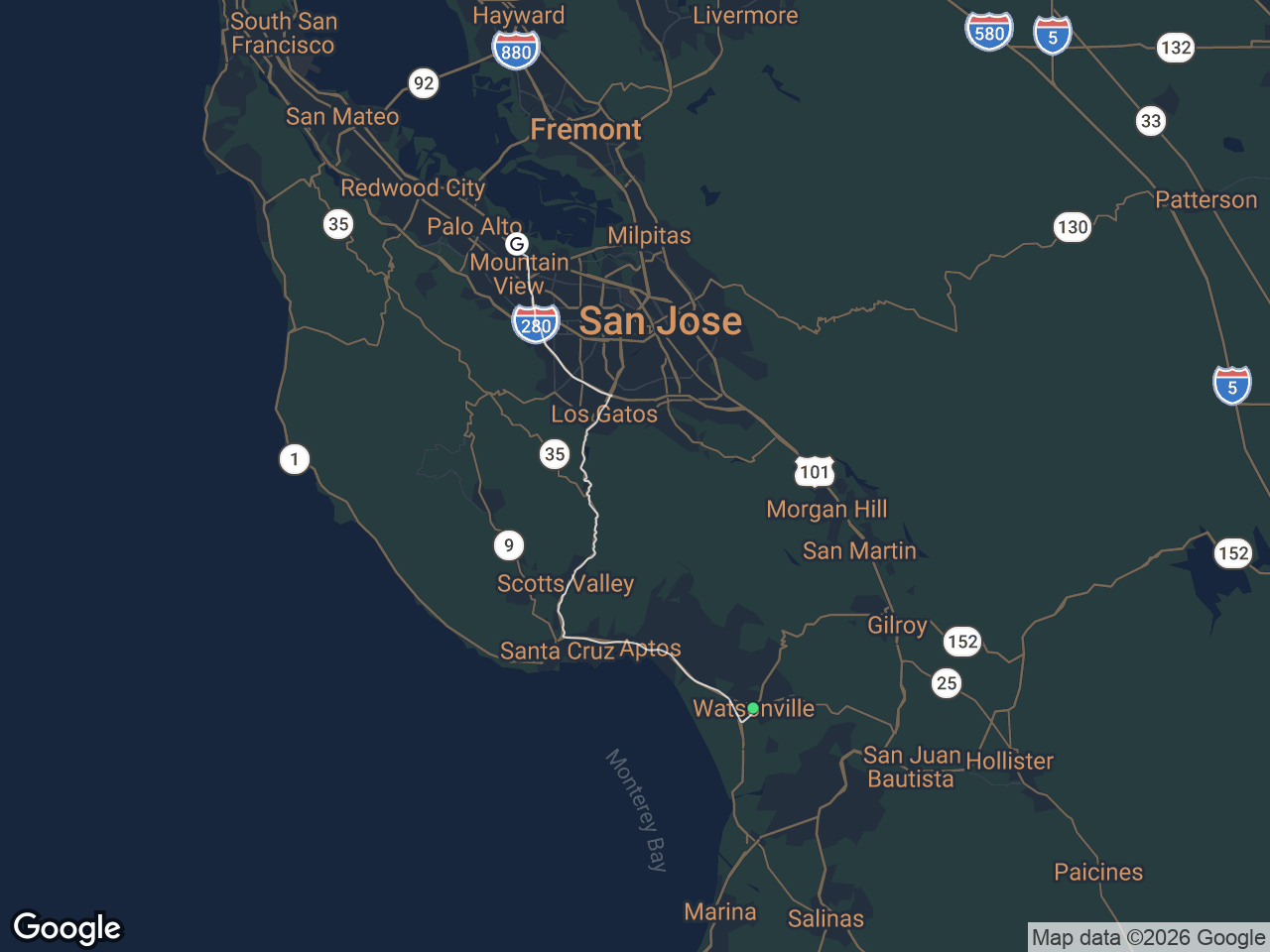 Area map showing Watsonville and Google