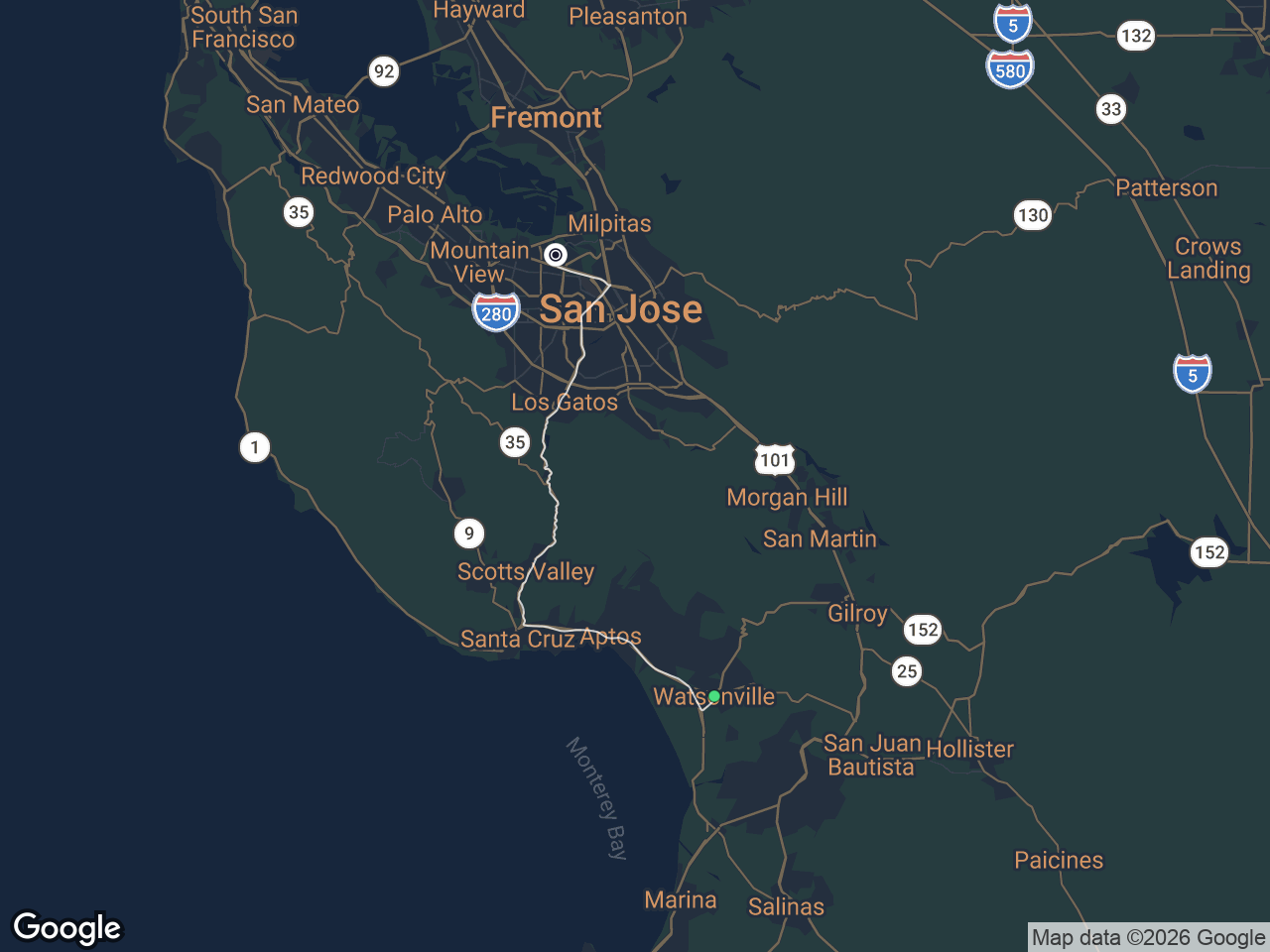 Area map showing Watsonville and ServiceNow